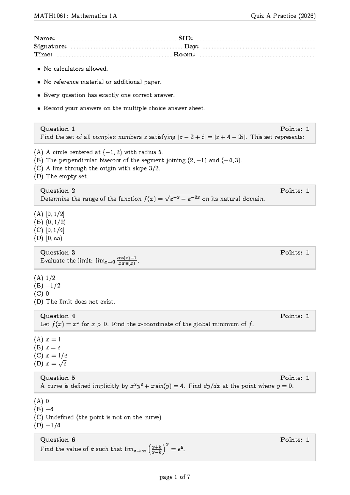 MATH1061: Mathematics 1A Quiz A Practice Questions and Answers - Studocu