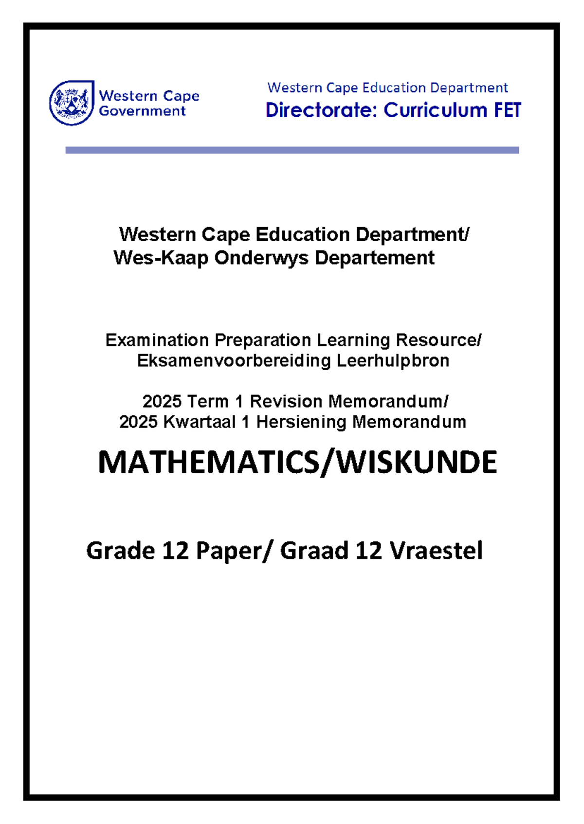 Mathematics Grade 12 Term 1 Revision Memo 2025 - Studocu