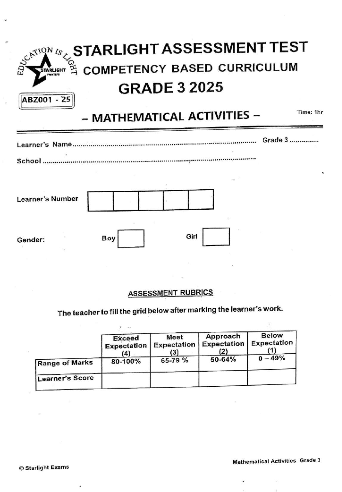 Starlight Assessment Test ABZ001: Grade 3 Activities 2025 - Studocu