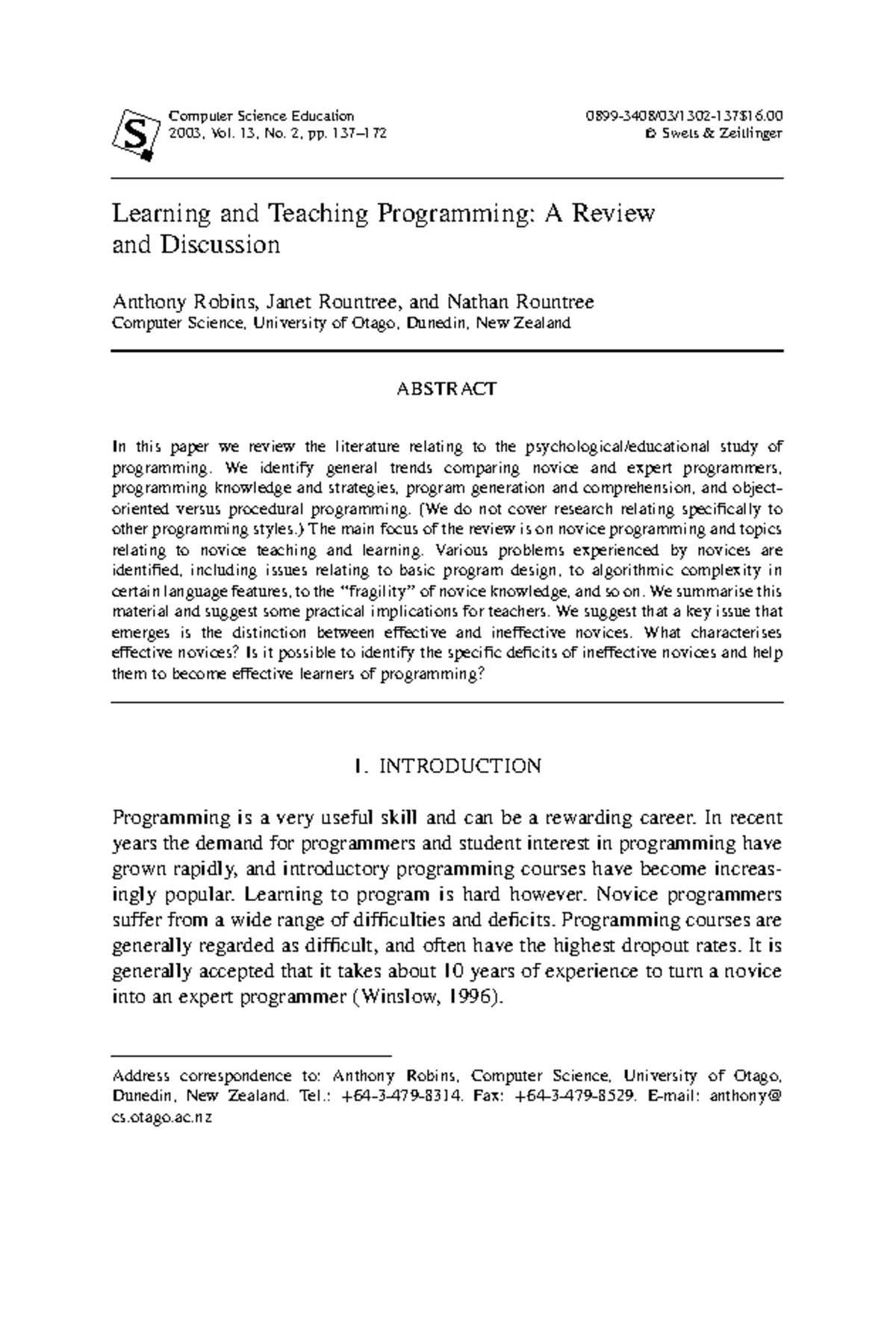 CS 0899: Review on Learning and Teaching Programming for Novices - Studocu