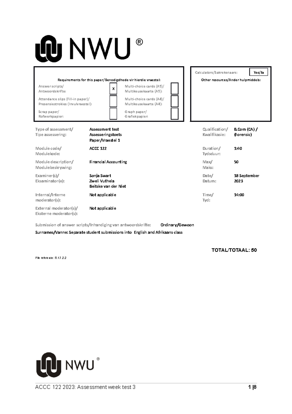 ACCC 122 2023 Class Test 3: Financial Accounting Assessment - Studocu
