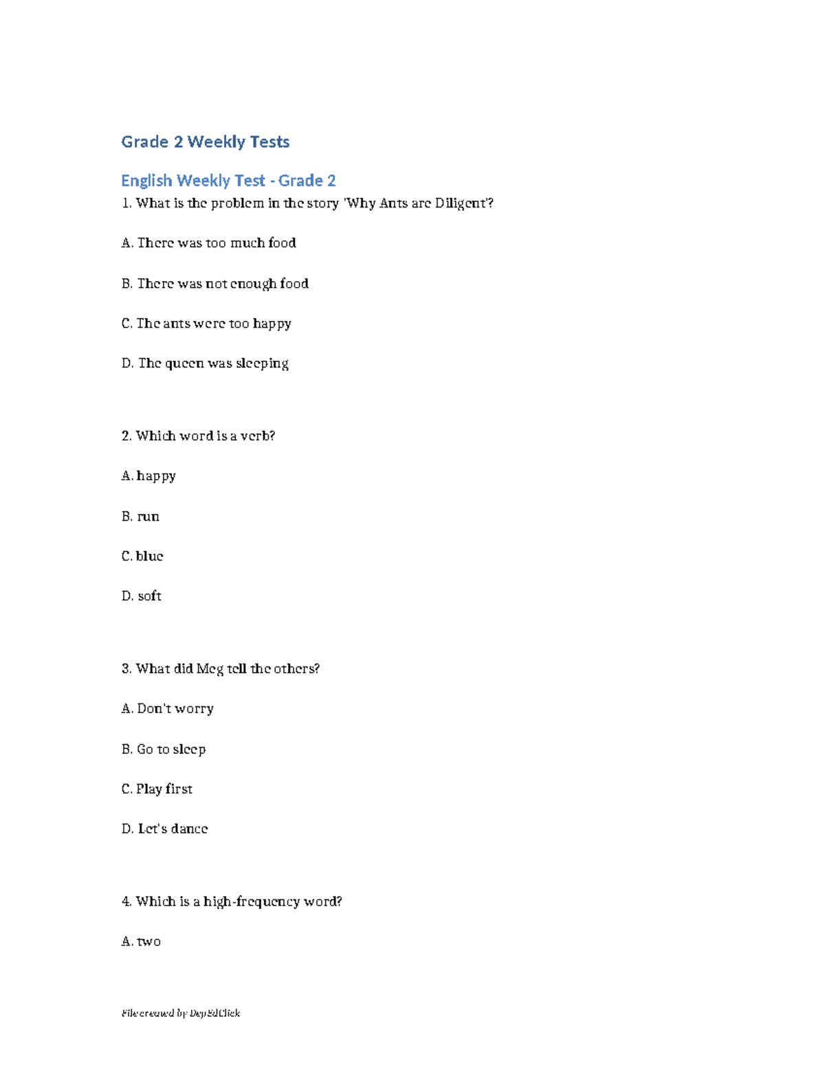 Grade 2 Weekly Tests with Answer Key - Week 4 - Studocu