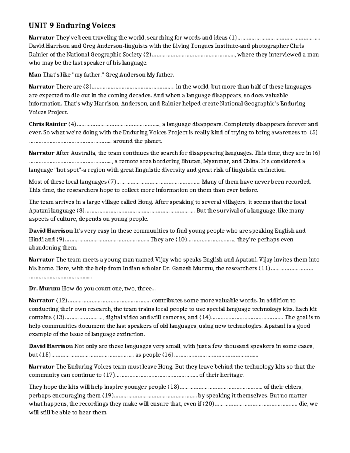 UNIT 9 - Tapescript on Enduring Voices Project and Language ...