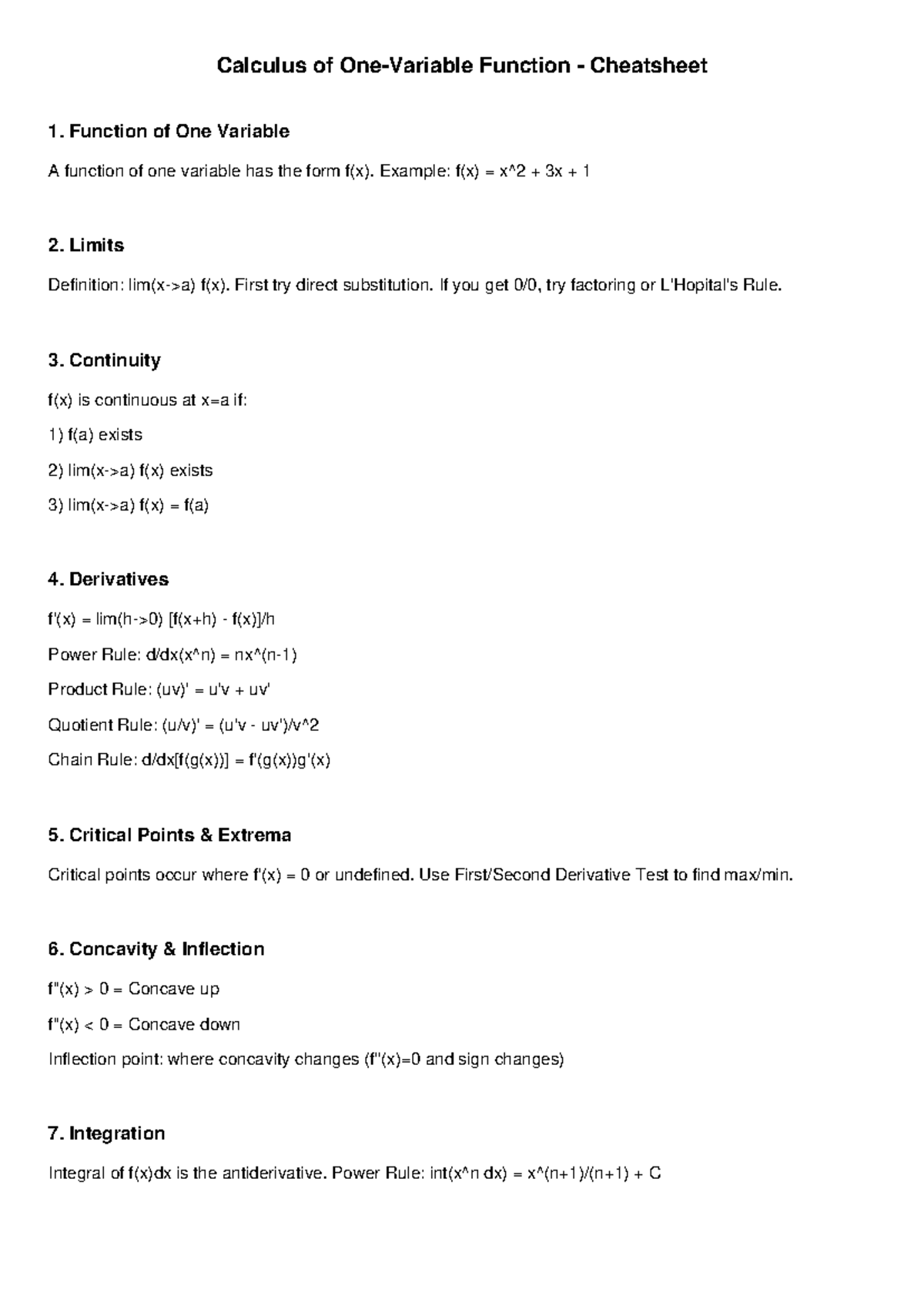 Calculus 101: Function of One Variable Cheatsheet - Studocu