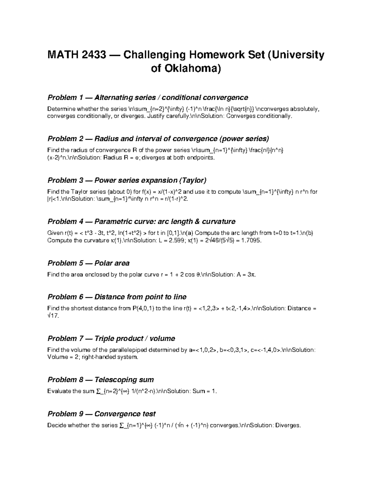 MATH 2433 Advanced Homework Set on Series and Convergence - Studocu
