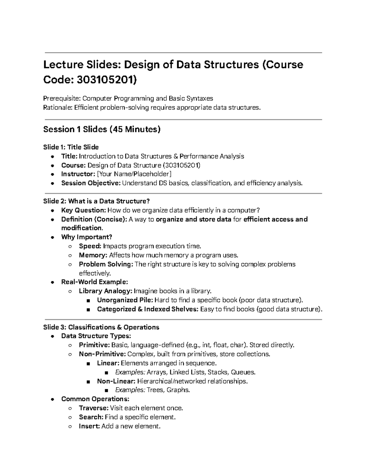 Lecture Slides: Design of Data Structures (303105201) - Session ...