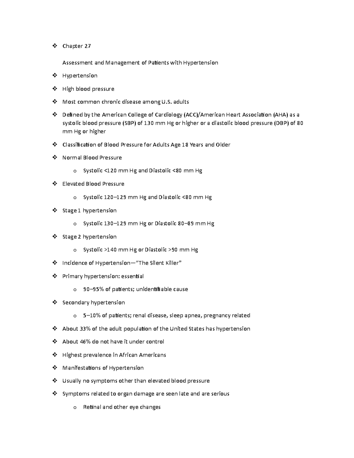 Assessment and Management of Hypertension: Chapter 27 Notes - Studocu