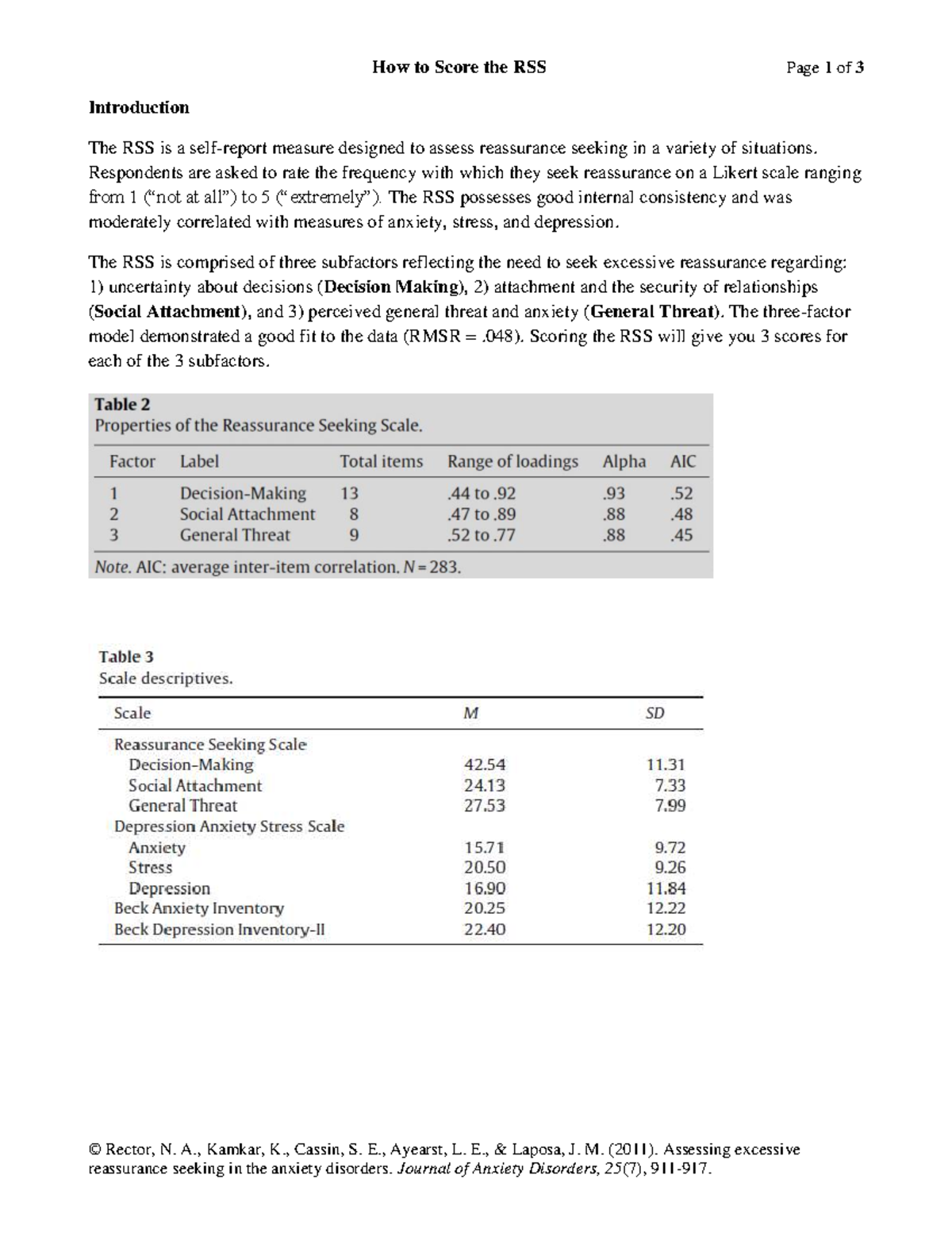 RSS Scoring Instructions: Understanding the Measure of Reassurance ...