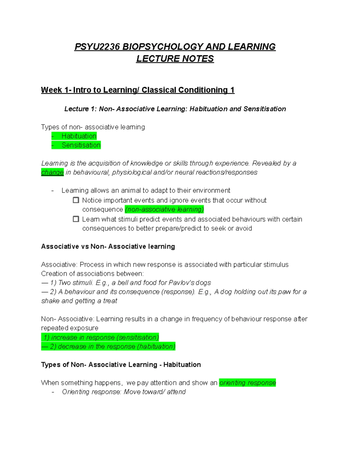 PSYU2236 - Biopsychology and Learning: Week 1 Lecture on Classical ...