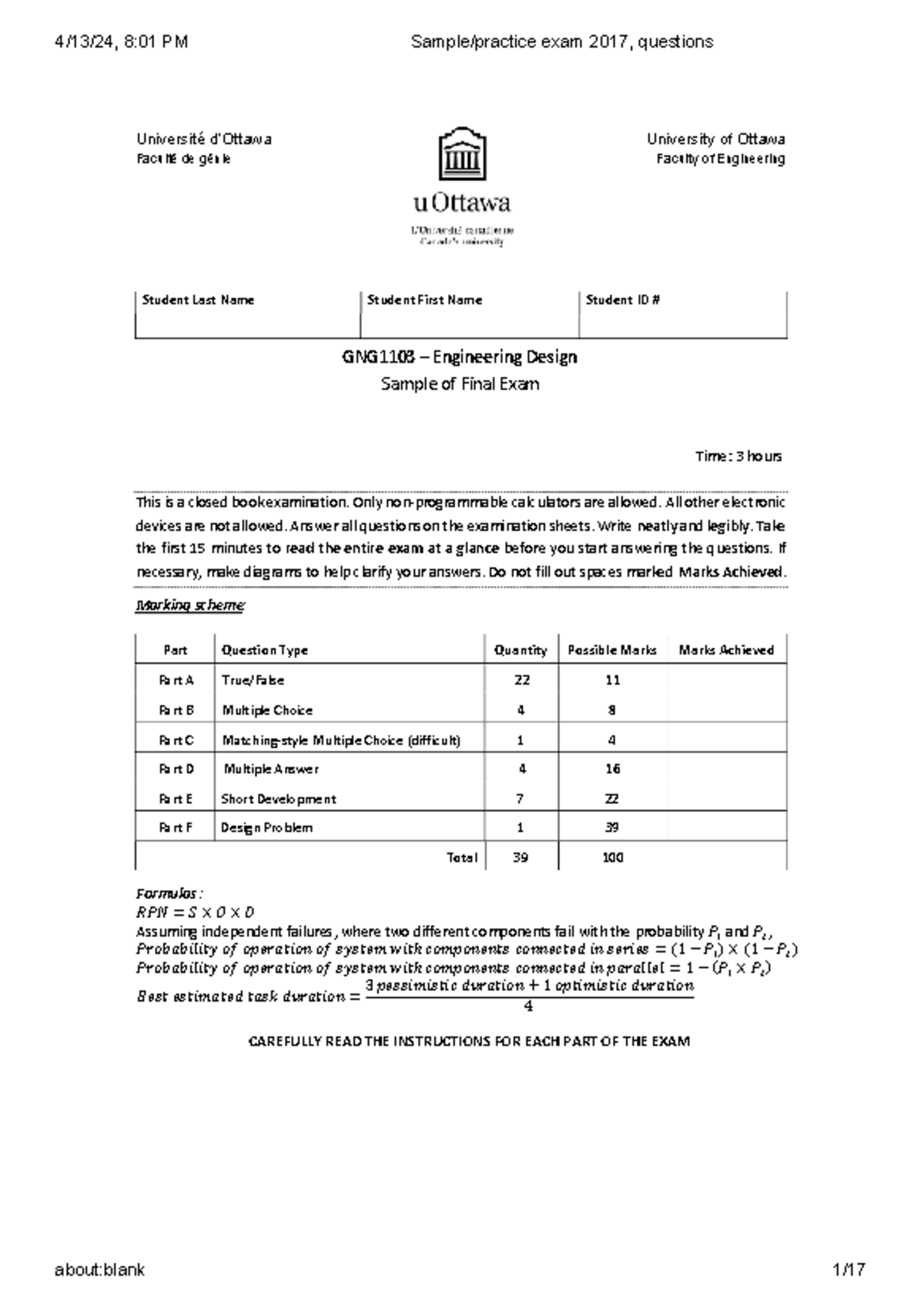 GNG1103 Engineering Design Sample Final Exam 2017 Questions - Studocu