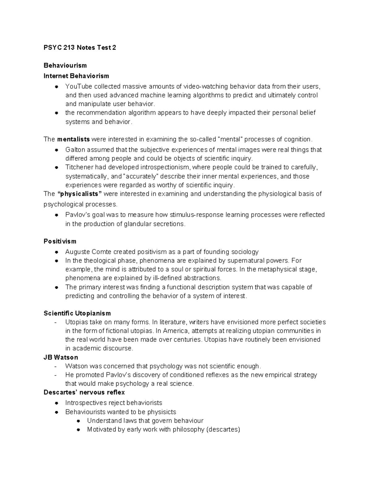 PSYC 213 Test 2 Notes: Key Concepts in Behaviorism and Cognition - Studocu