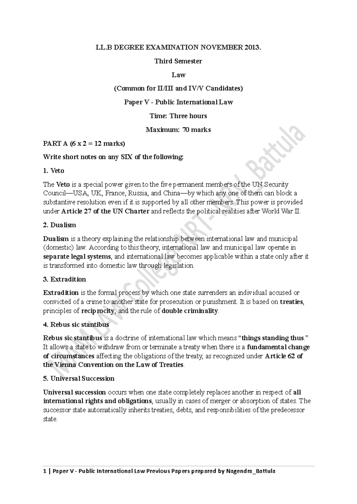 LL.B Paper V: Public International Law Exam Notes - Nov 2013 - Studocu