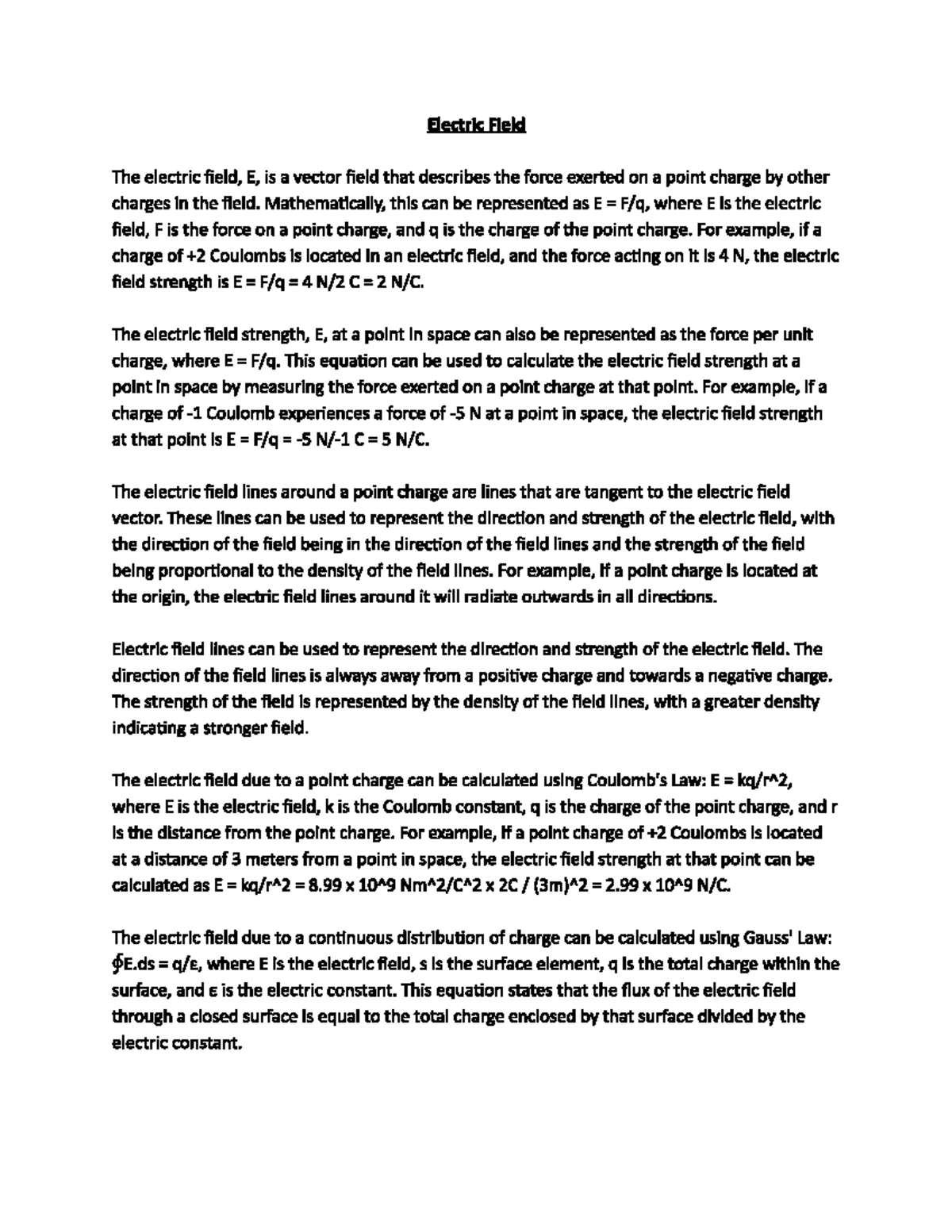 PHYS 241 Summary Notes - Electric Field and Potential Concepts - Studocu