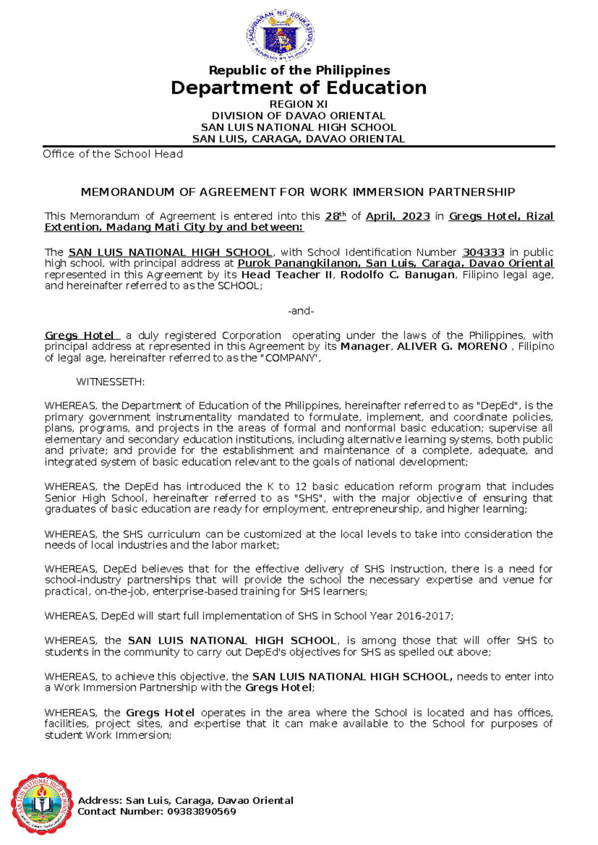 643482316 MOA FOR WORK Immersion 2023 - Department of Education REGION ...