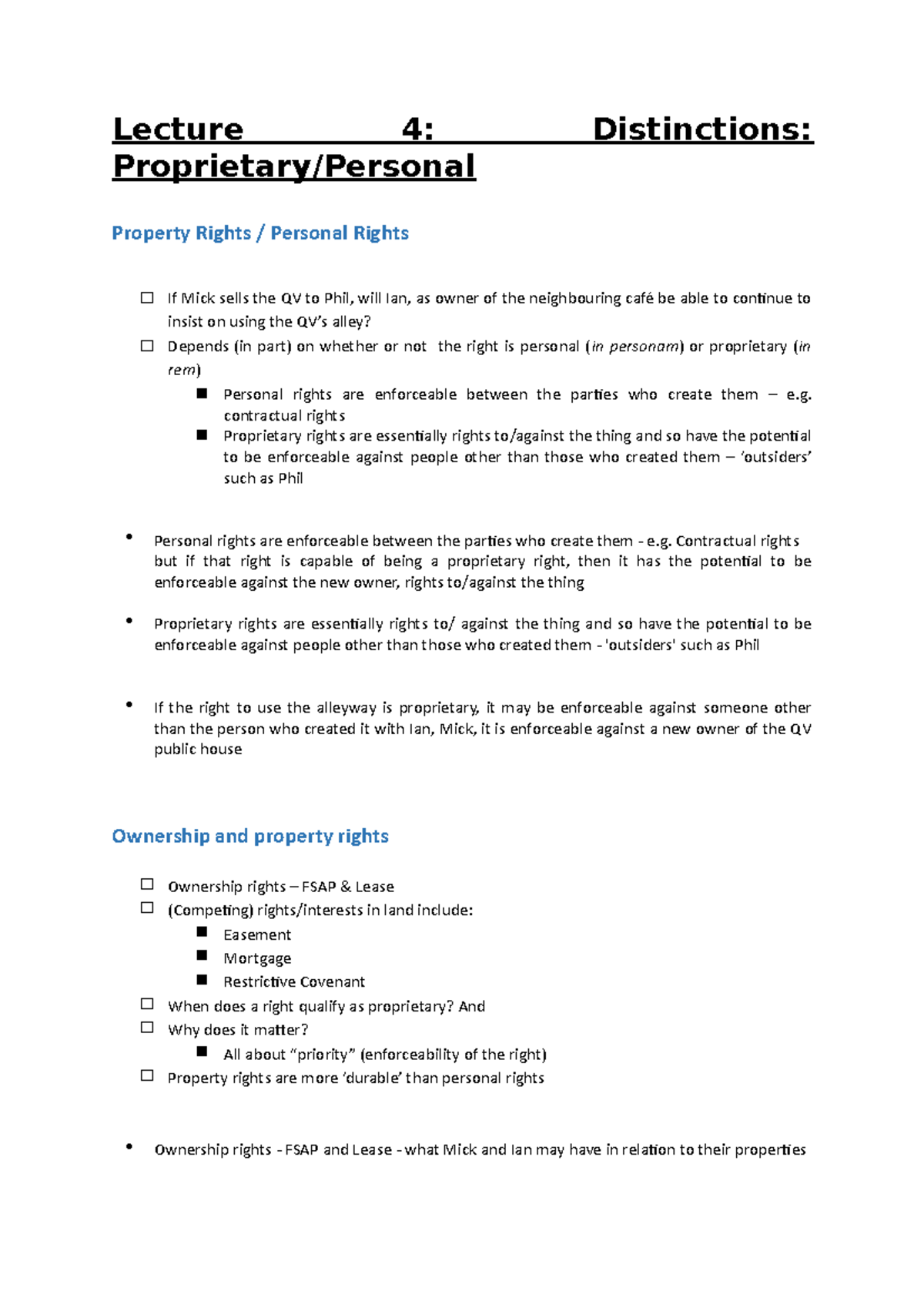 Lecture 4 - Distinctions between Proprietary and Personal Rights - Studocu