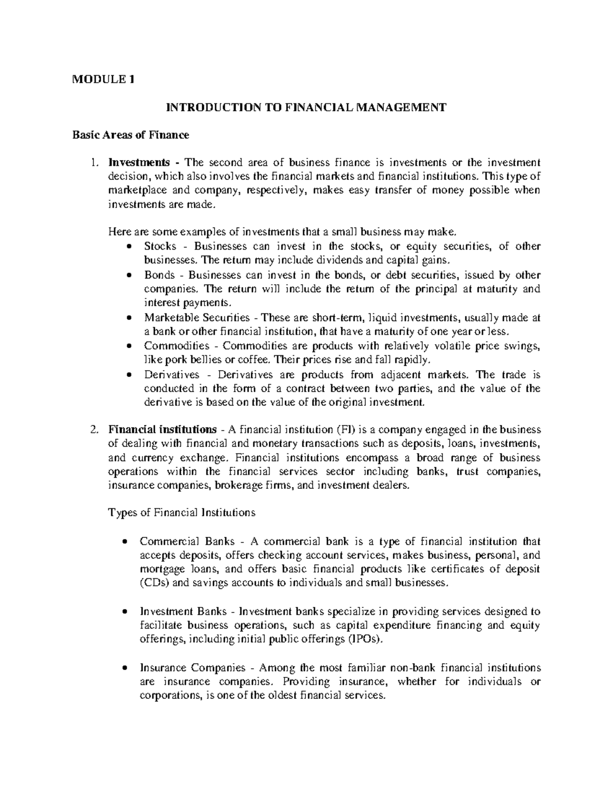 Module 1 - Intro to Financial Management & Key Concepts in Finmarkets ...