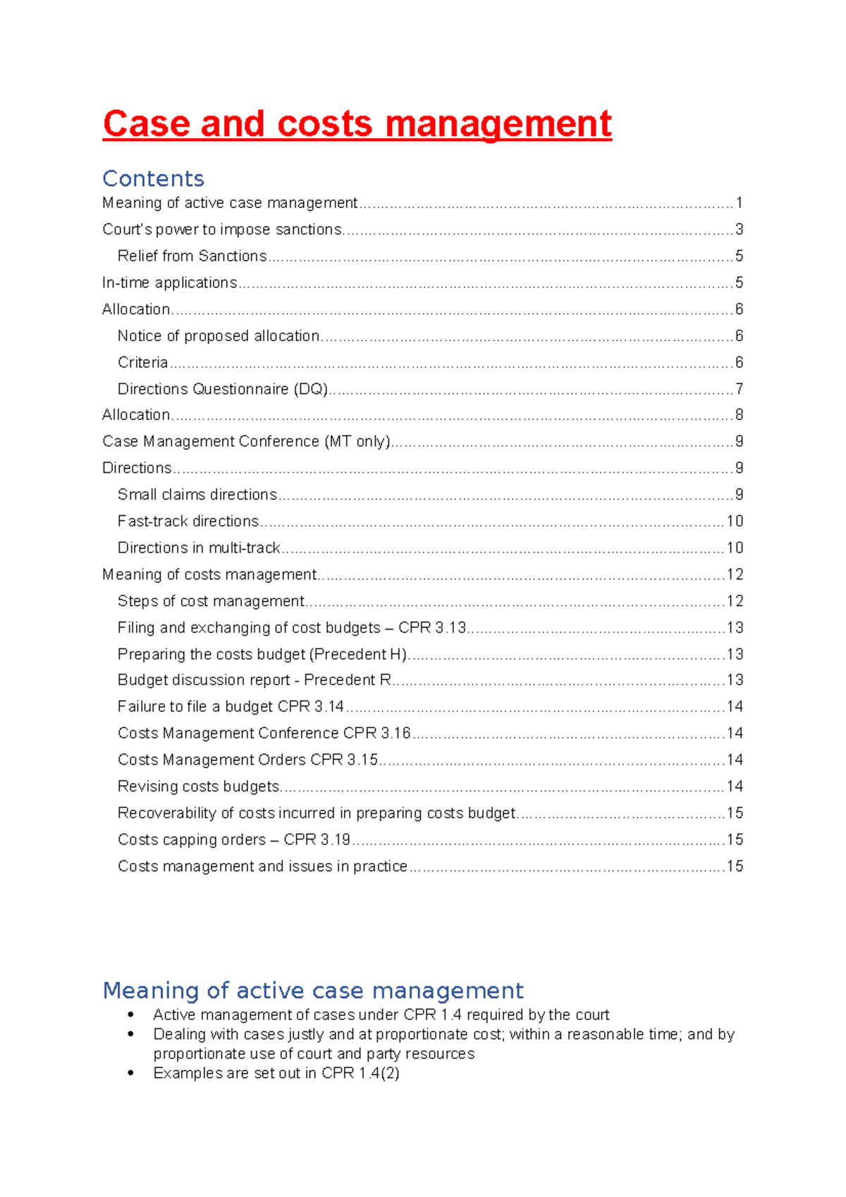 Case Management and Costs: Key Principles and CPR Guidelines - Studocu