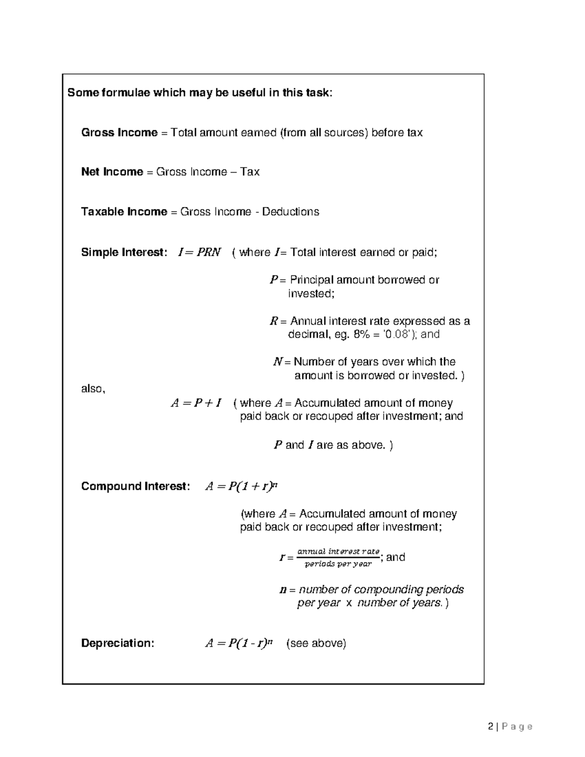 Finance Task: Key Formulas and Calculations for Income and Loans - Studocu