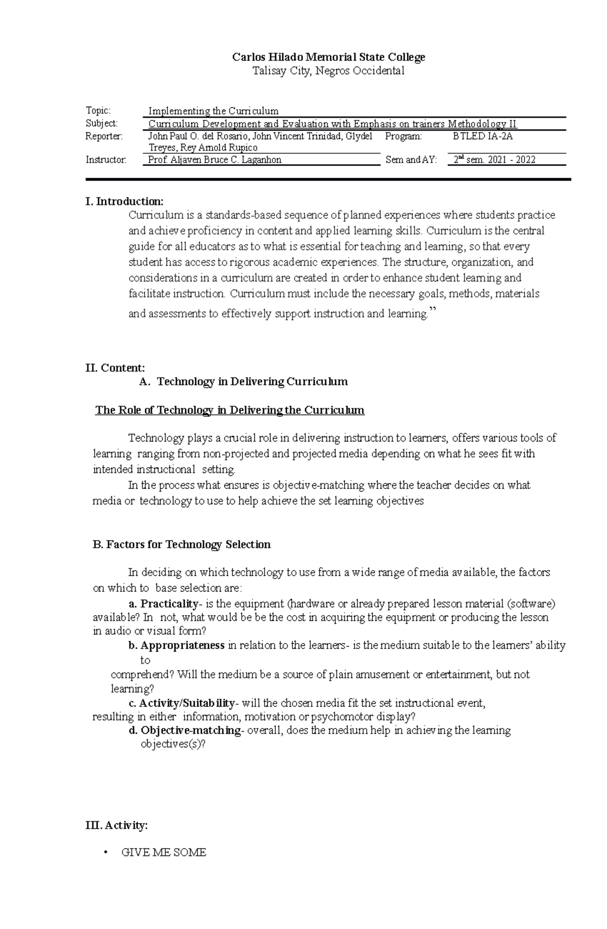 Lesson Guide Implementing the Curriculum Technology - Carlos Hilado ...