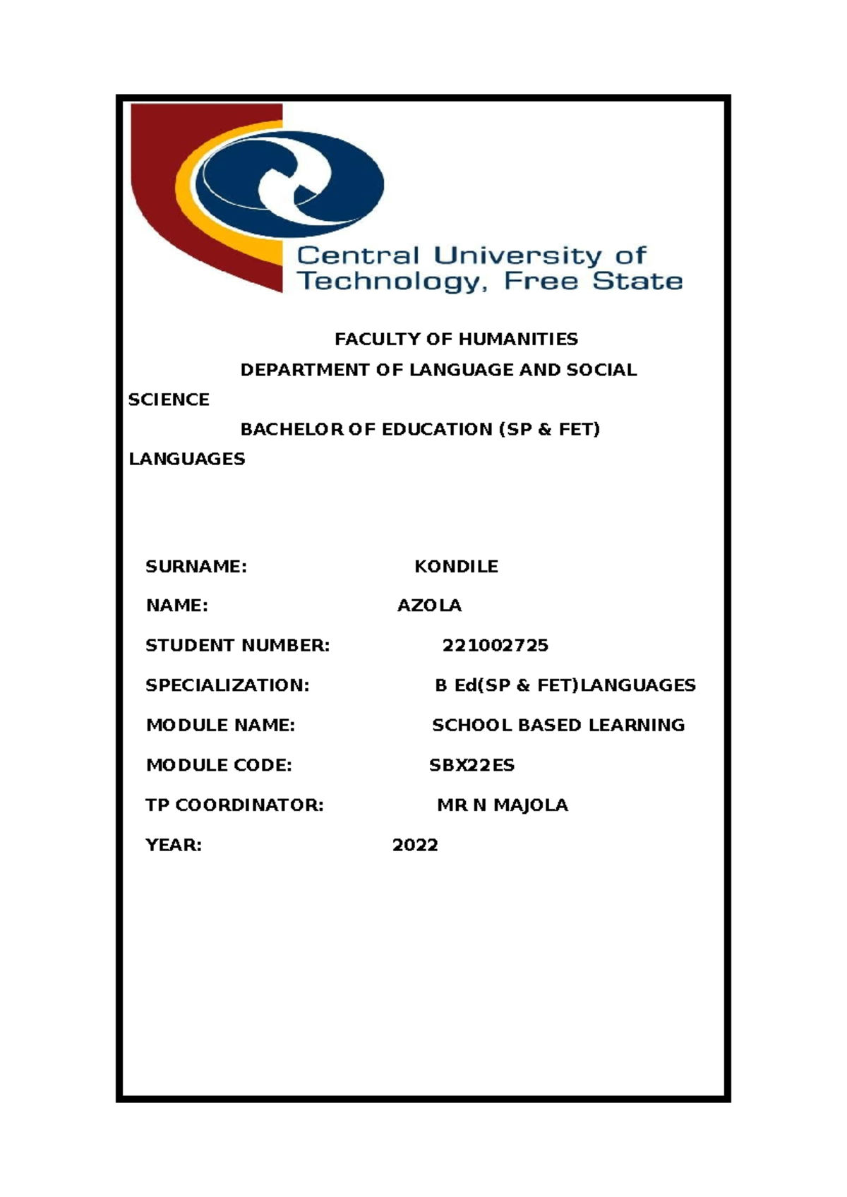 Cover PAGE - learner notes - FACULTY OF HUMANITIES DEPARTMENT OF ...