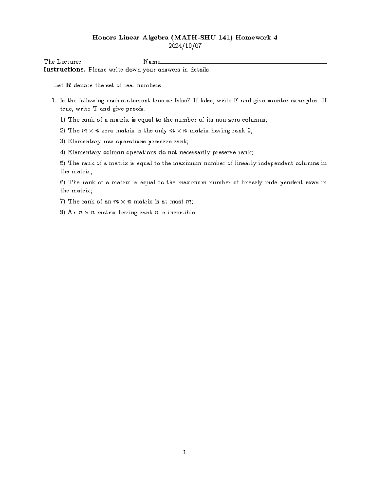 Honors Linear Algebra 141) Detailed Homework 4 Solutions - Studocu
