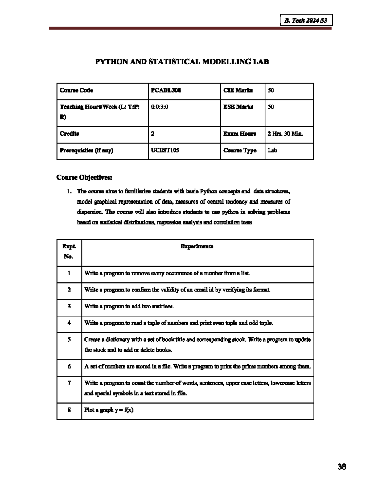 B. Tech 2024 S3 Python & Statistical Modelling Lab Syllabus (PCADL308 ...
