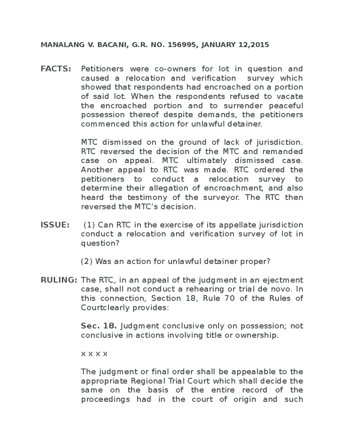Case Study: Manalang v. Bacani, G.R. No. 156995 (Unlawful Detainer ...