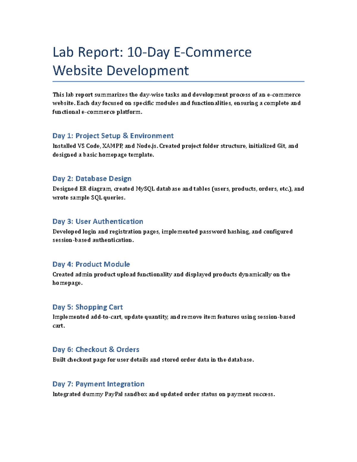 10-Day E-Commerce Lab Report: Website Development Process - Studocu