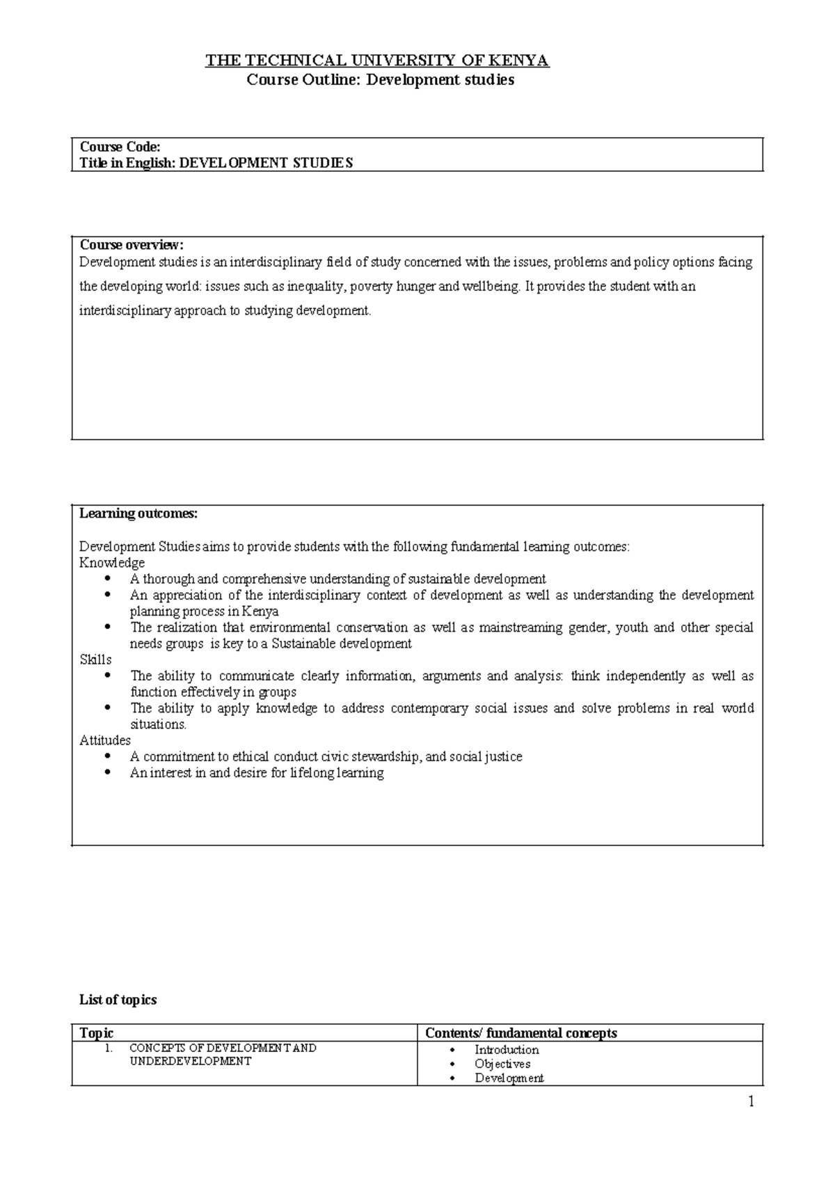 Development Studies Course Outline: Key Concepts & Strategies - Studocu