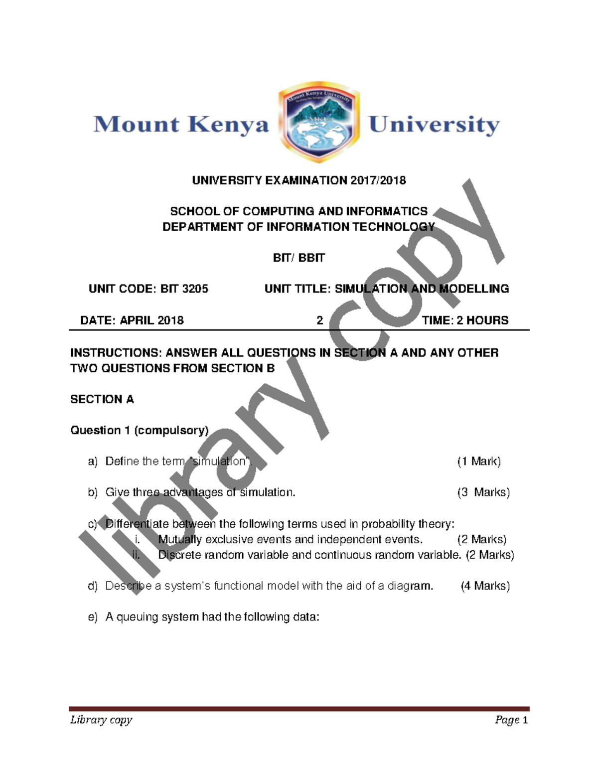 BIT 3205 Final Exam: Simulation and Modelling Questions (April 2018 ...