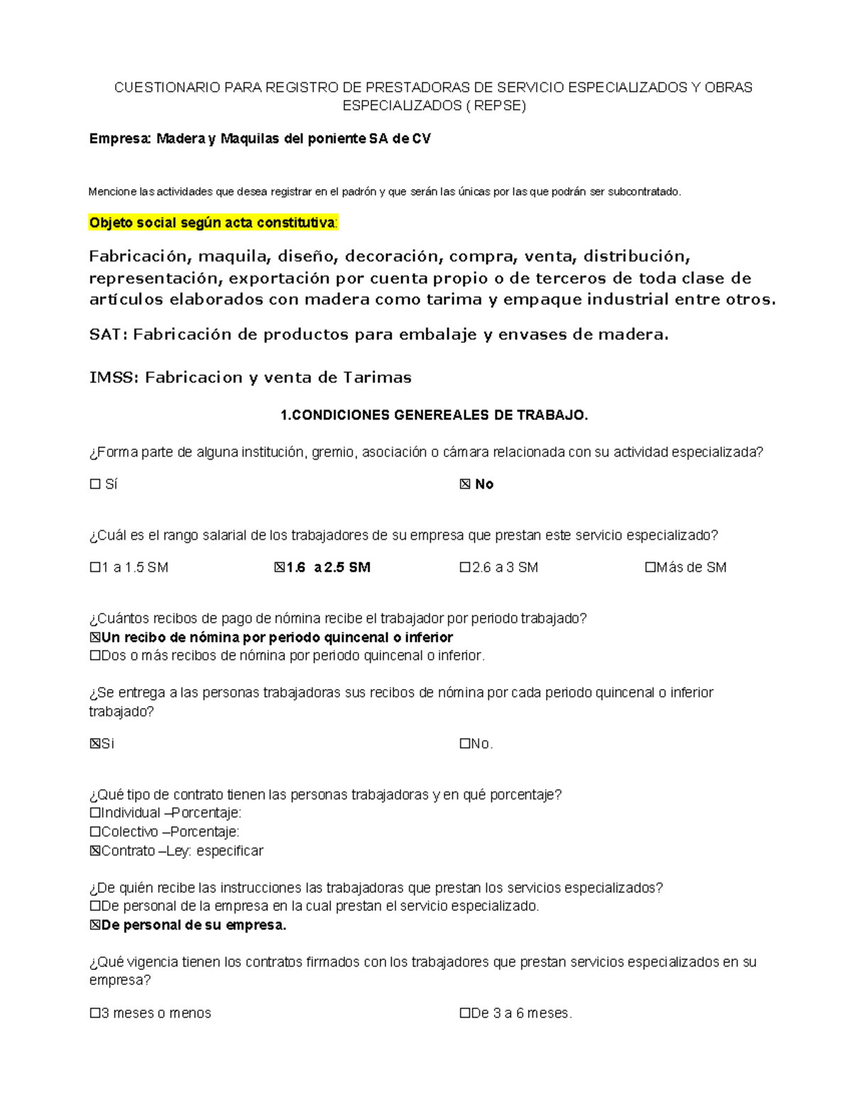 Cuestionario Registro REPSE para Prestadoras de Servicios Especializados - Document Preview