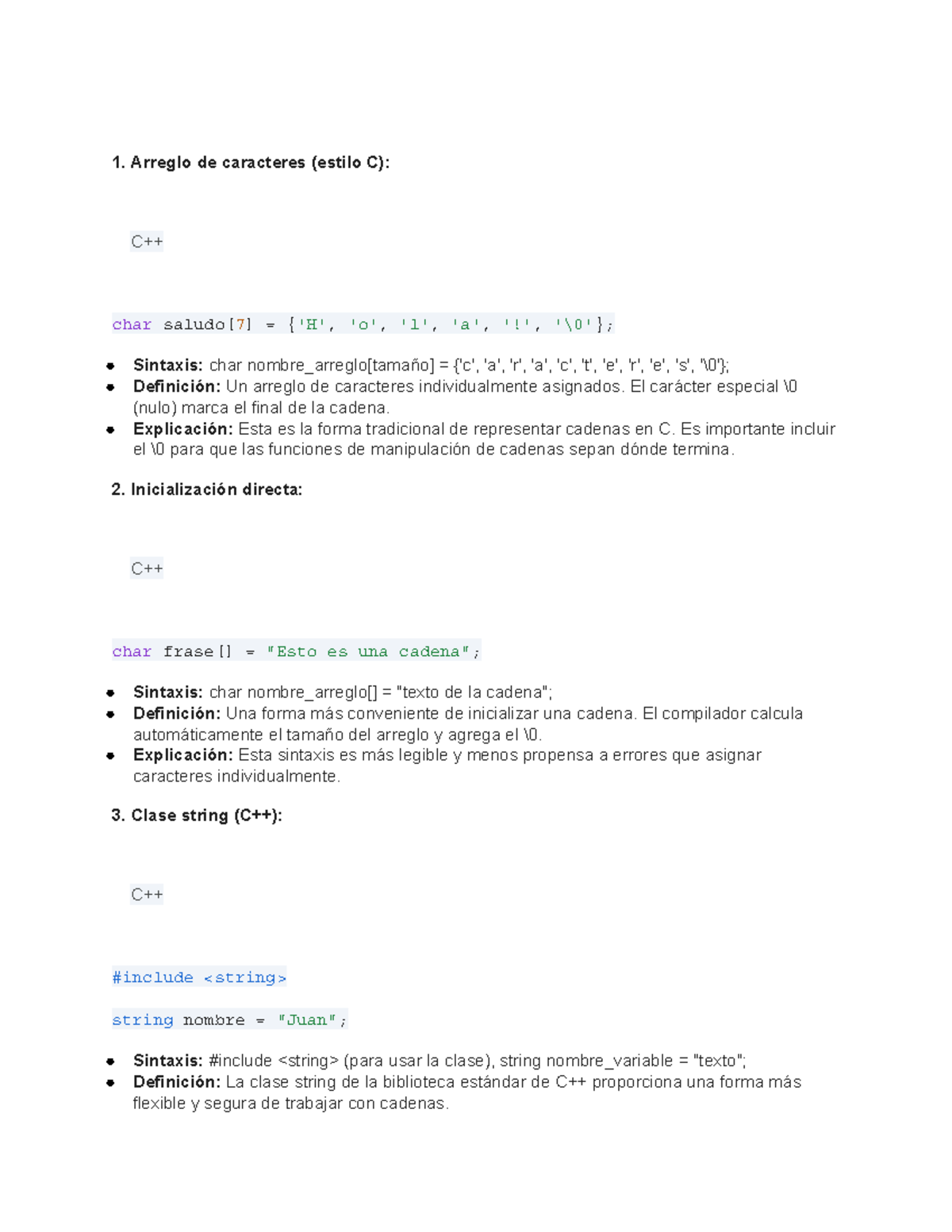 Tarea de codigos - Arreglo de caracteres (estilo C): C++ char saludo[7 ...