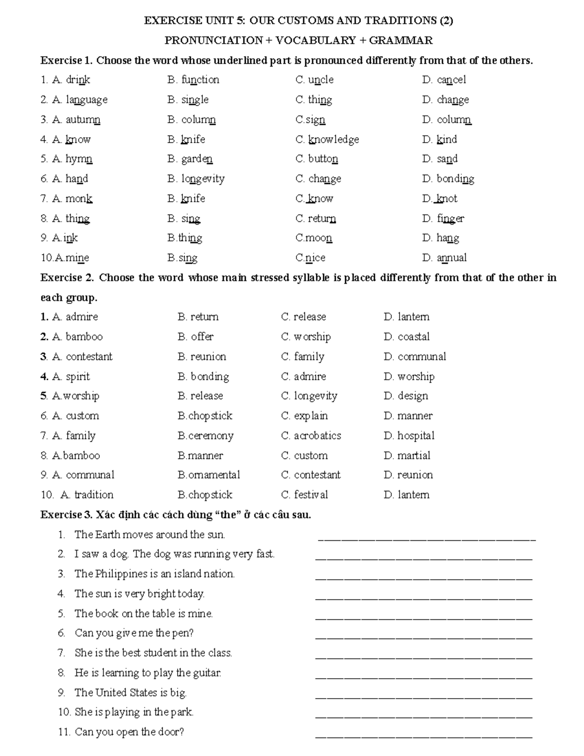 UNIT 5: OUR CUSTOMS AND TRADITIONS - PRONUNCIATION & GRAMMAR EXERCISES ...