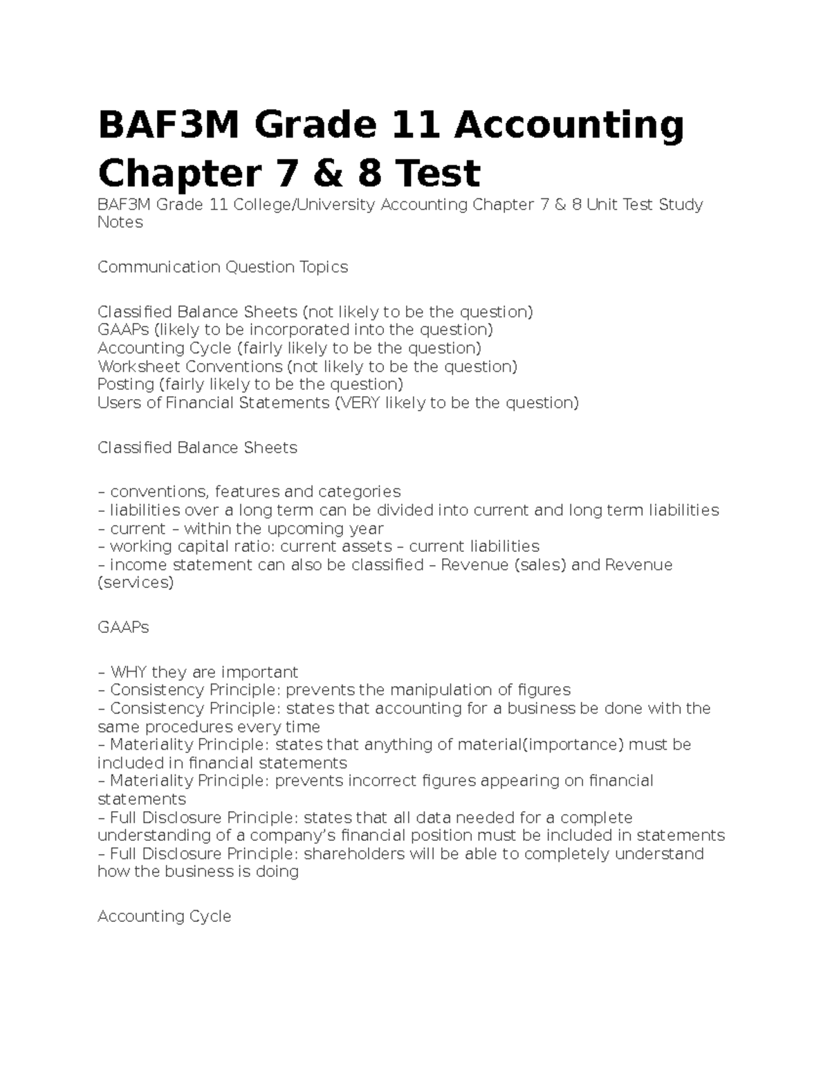 BAF3M Grade 11 Accounting Chapter 7 & 8 Unit Test Study Notes - Studocu