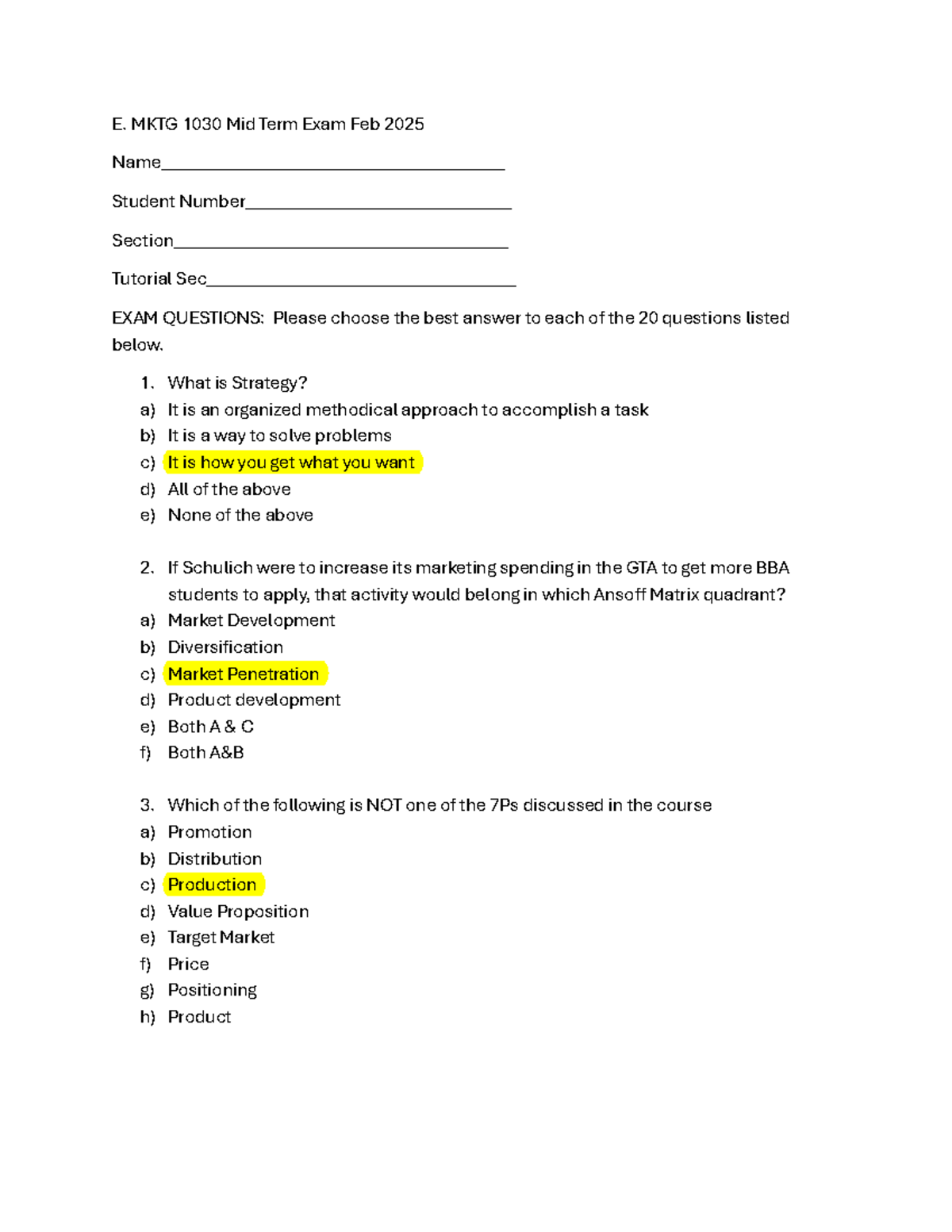 MKTG 1030 Midterm Exam Answer Key - February 2025 - Studocu