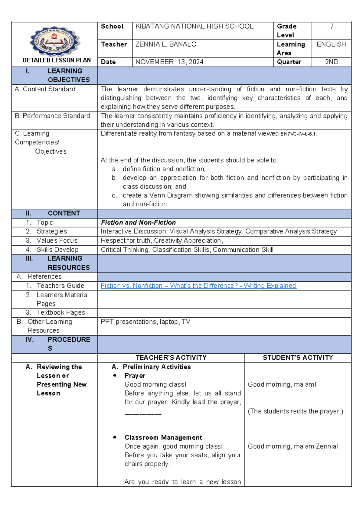 Fiction & Nonfiction DLP: Learning Objectives & Lesson Plan - Studocu
