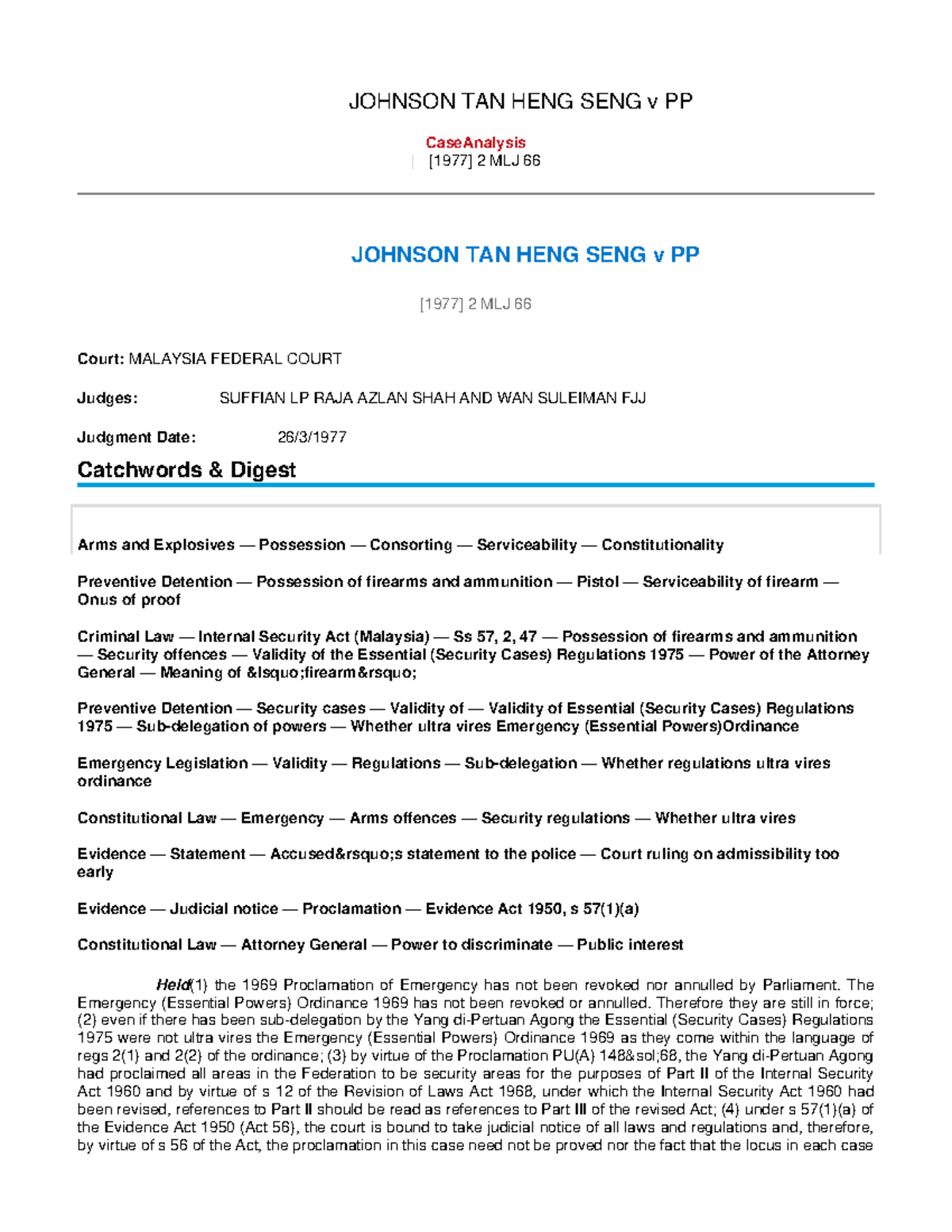 Case Analysis: Johnson Tan Heng Seng v PP (2 MLJ 66) - Studocu