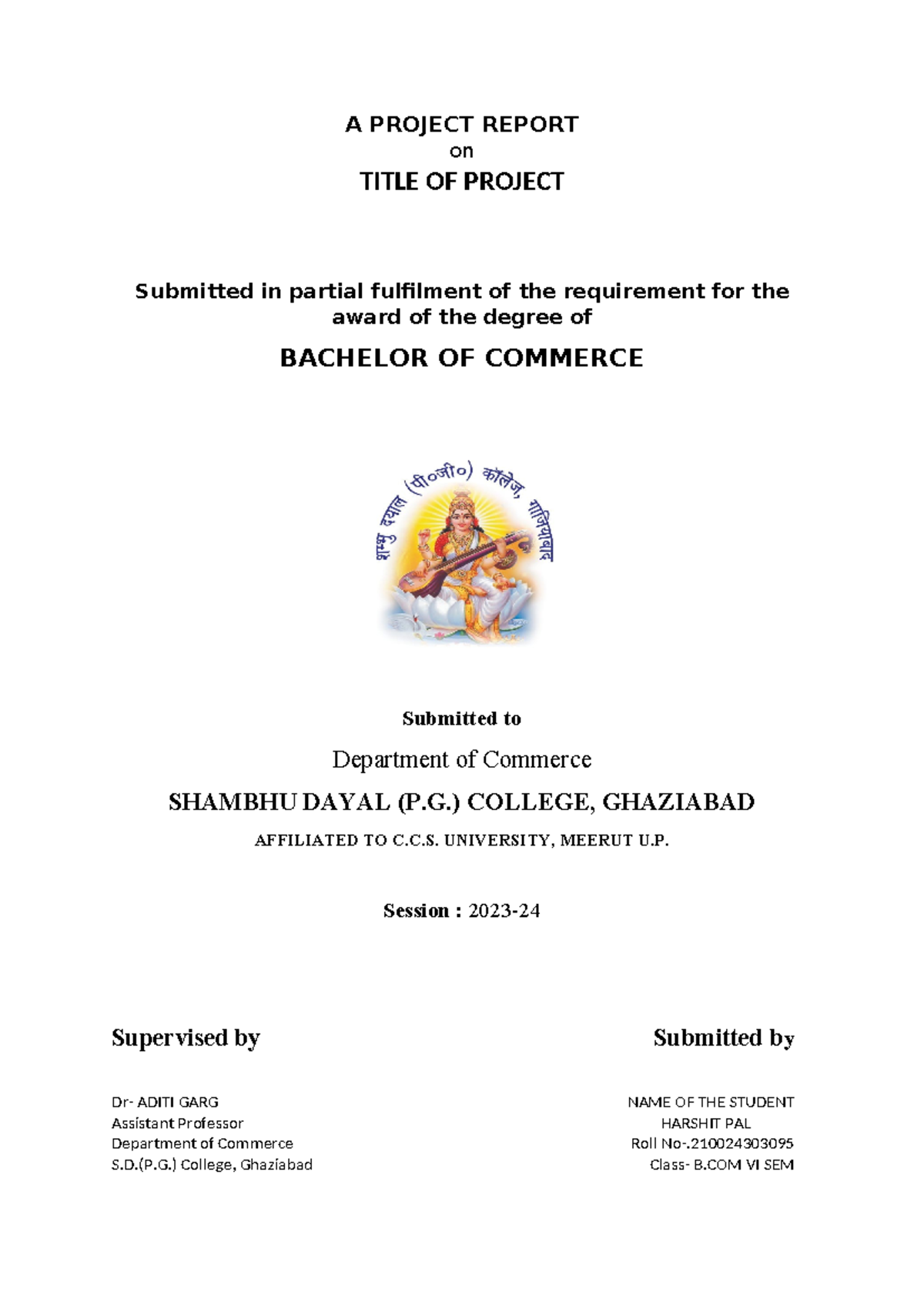 B.COM VI SEM Project Cover Pages for TATA STEEL Organizational Study ...