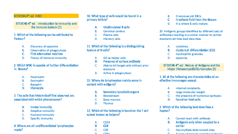IMSE 4th ed.: Practice Questions on Immunology and Immunity - Studocu