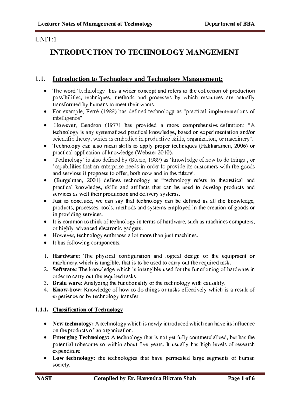 Unit 1 Introduction to Technology Management - UNIT: INTRODUCTION TO ...