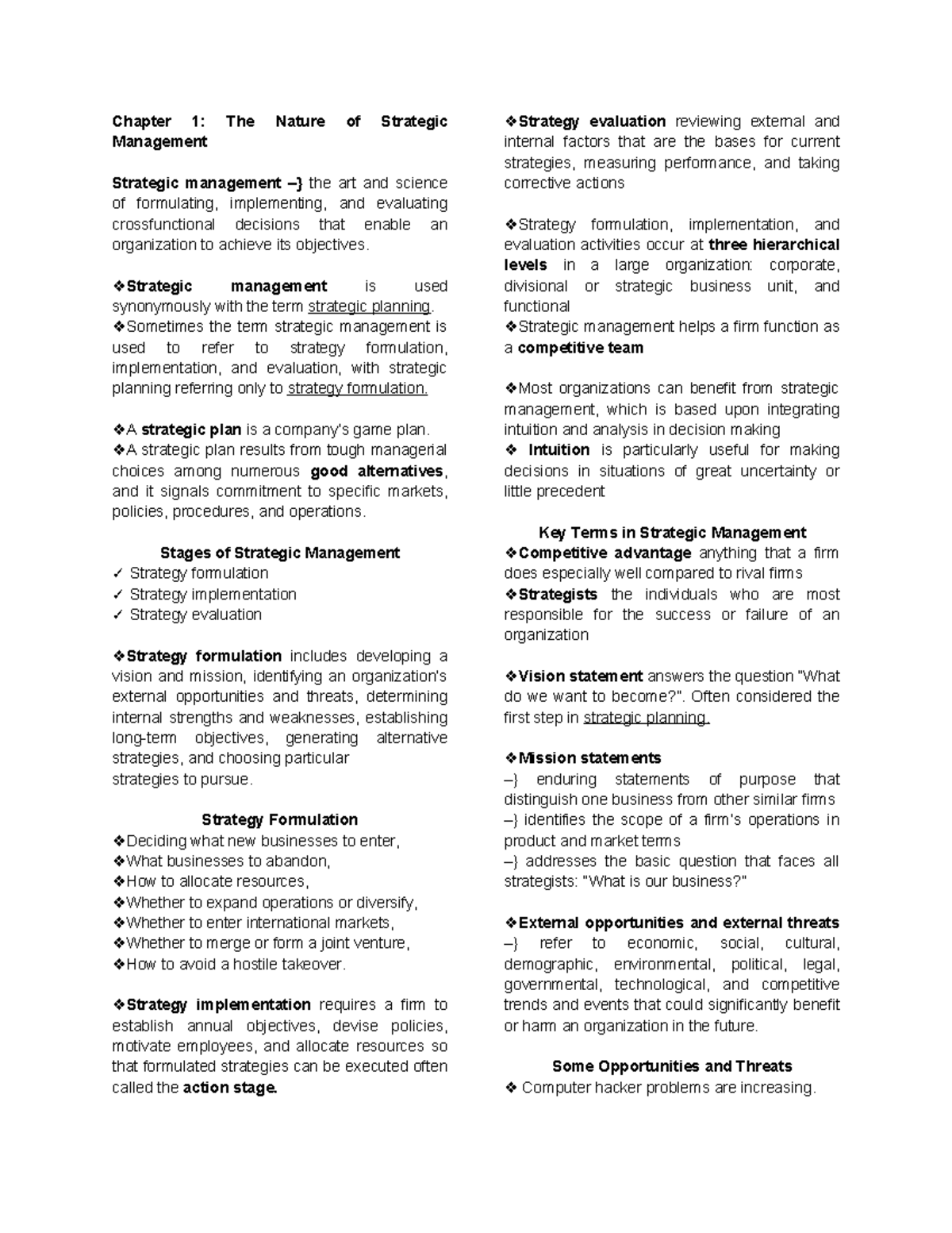 C1 Strat Man Reviewer - Notes - Chapter 1: The Nature of Strategic ...