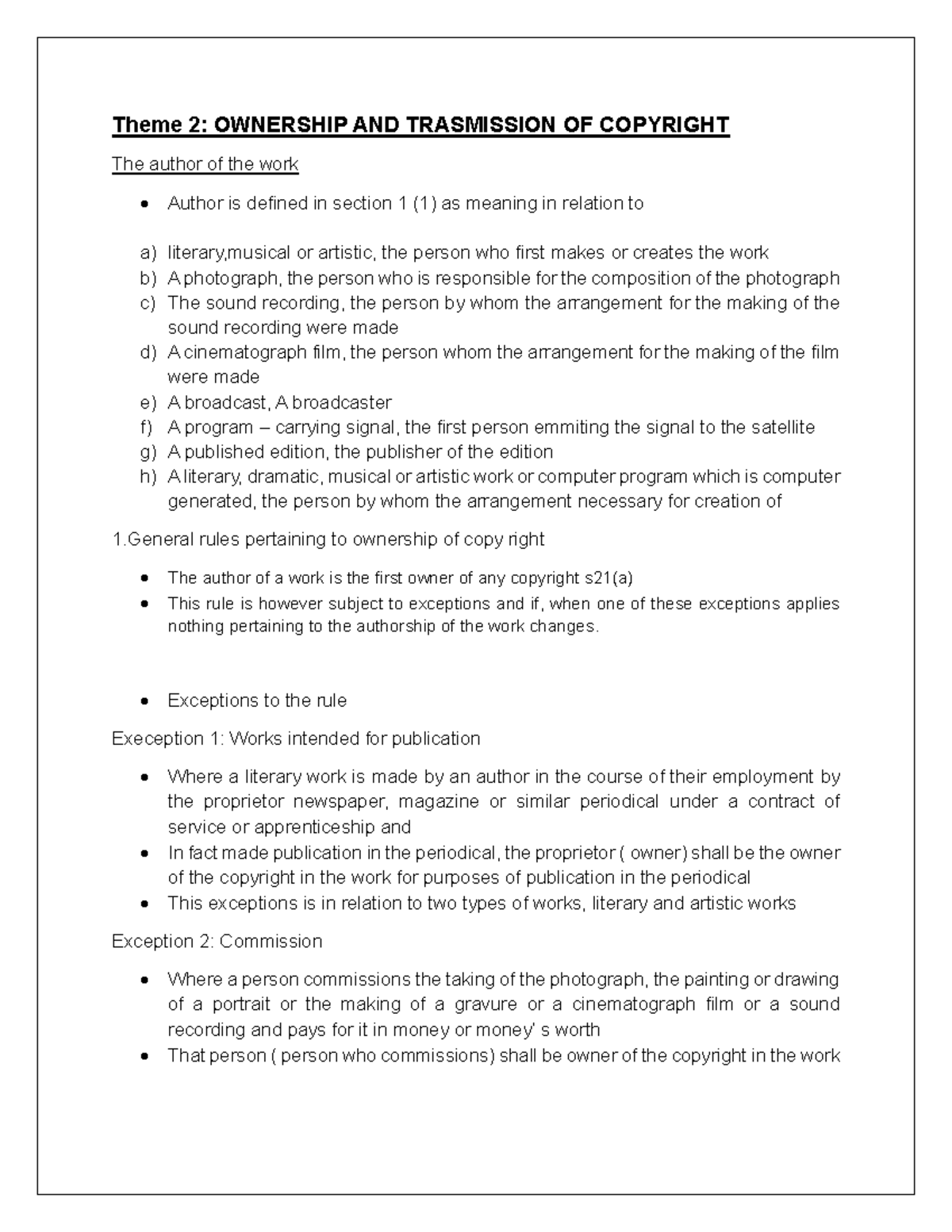 Theme 2: Ownership and Transmission of Copyright - IP Notes - Studocu