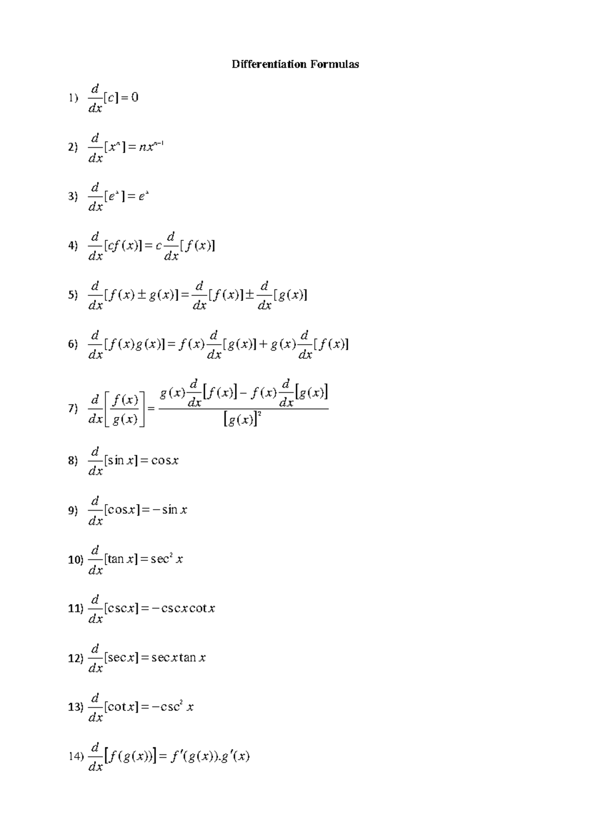 Differentiation Formulas for Calculus 104: Key Rules and Examples - Studocu