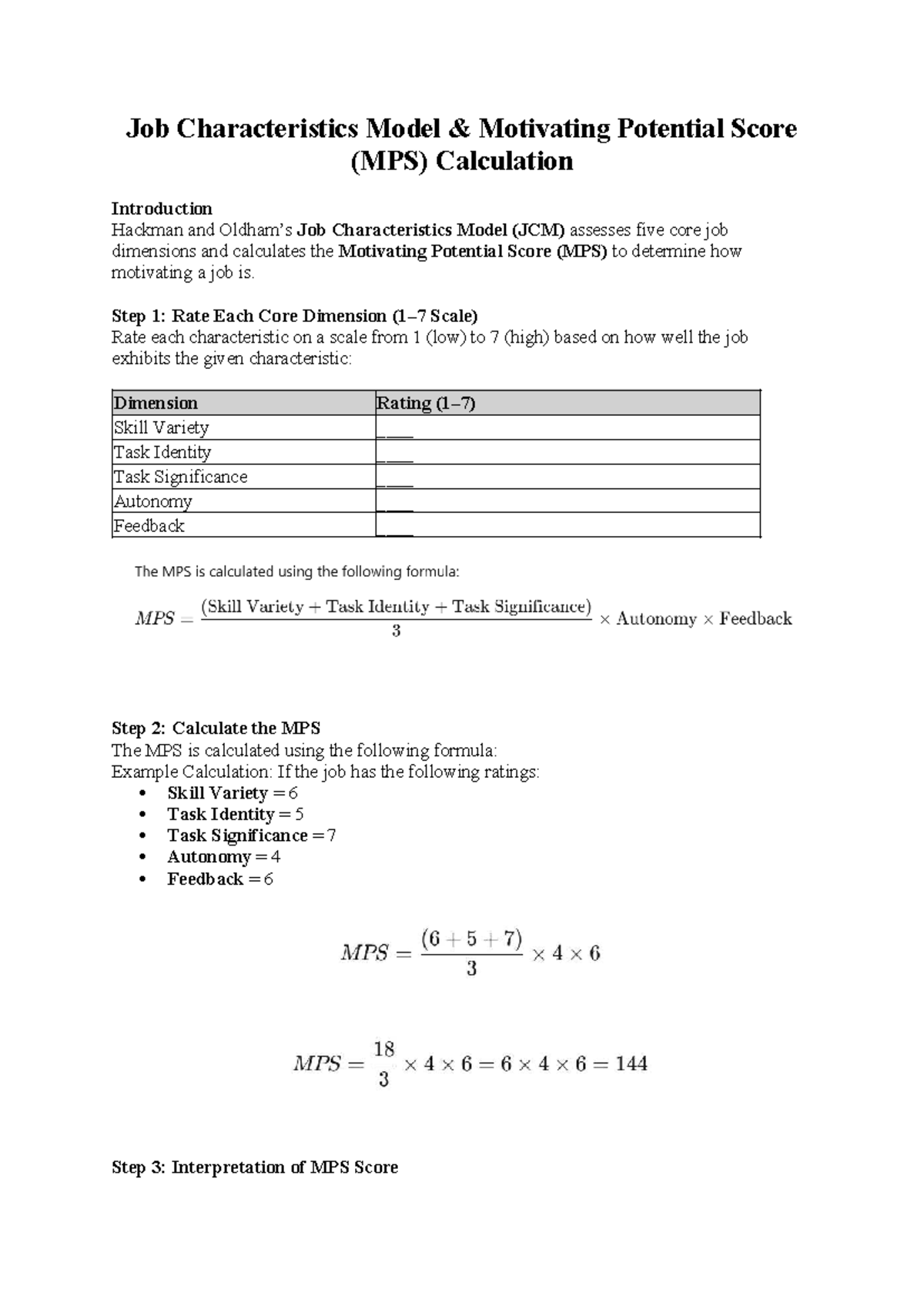 Job Characteristics Model (JCM) & MPS Calculation Guide - Studocu