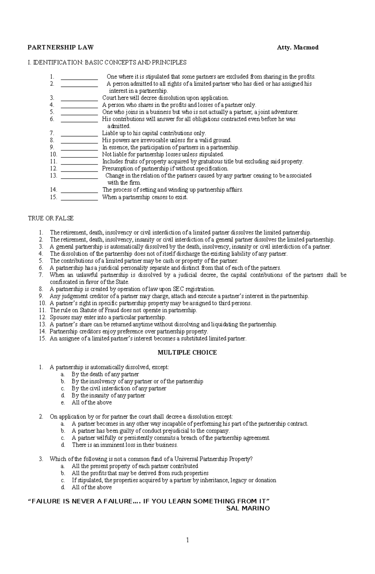 Partnership LAW 1 - Key Concepts and Principles Overview - Studocu