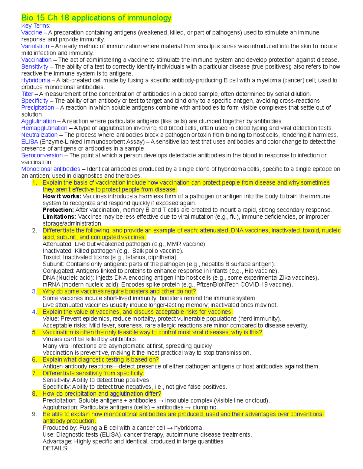 Bio 15 Ch 18 Study Guide: Key Terms & Applications of Immunology - Studocu
