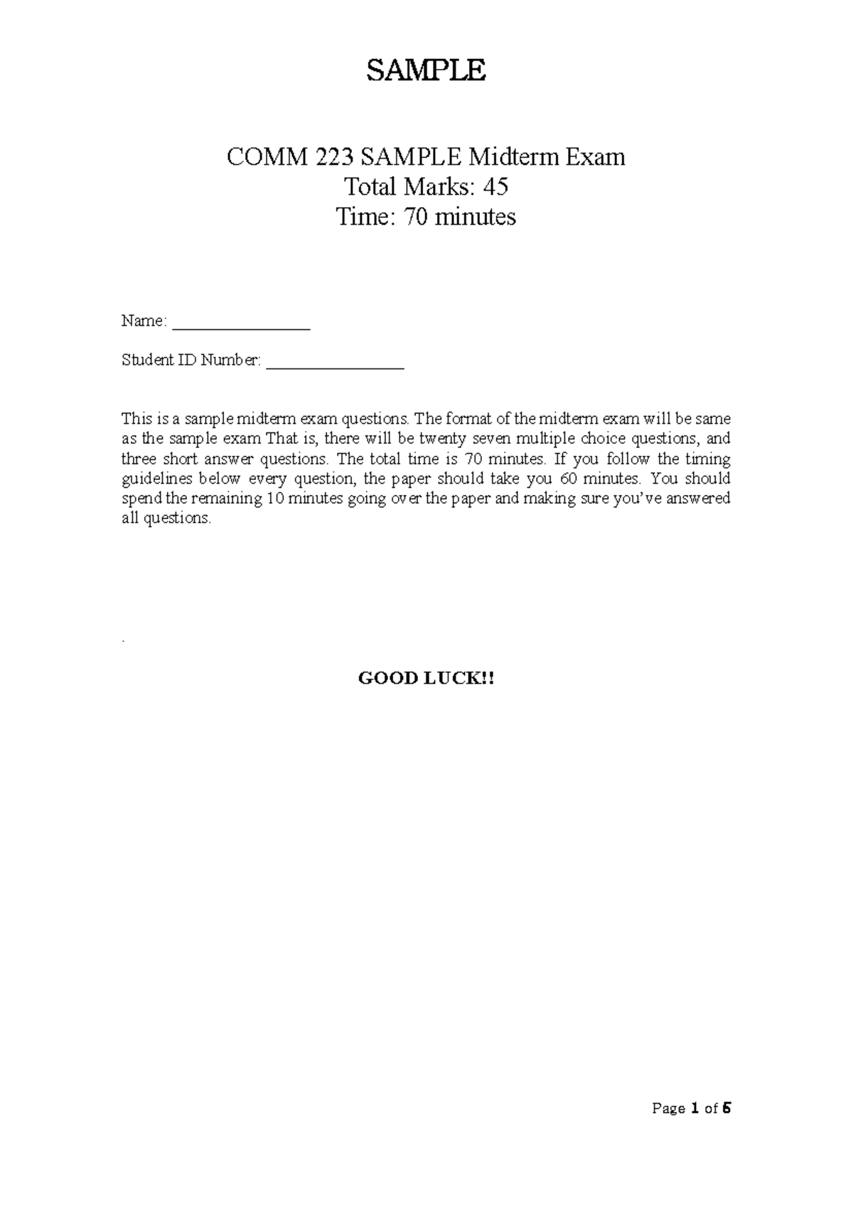 COMM223 Sample Midterm Exam: Questions & Format Overview - Studocu