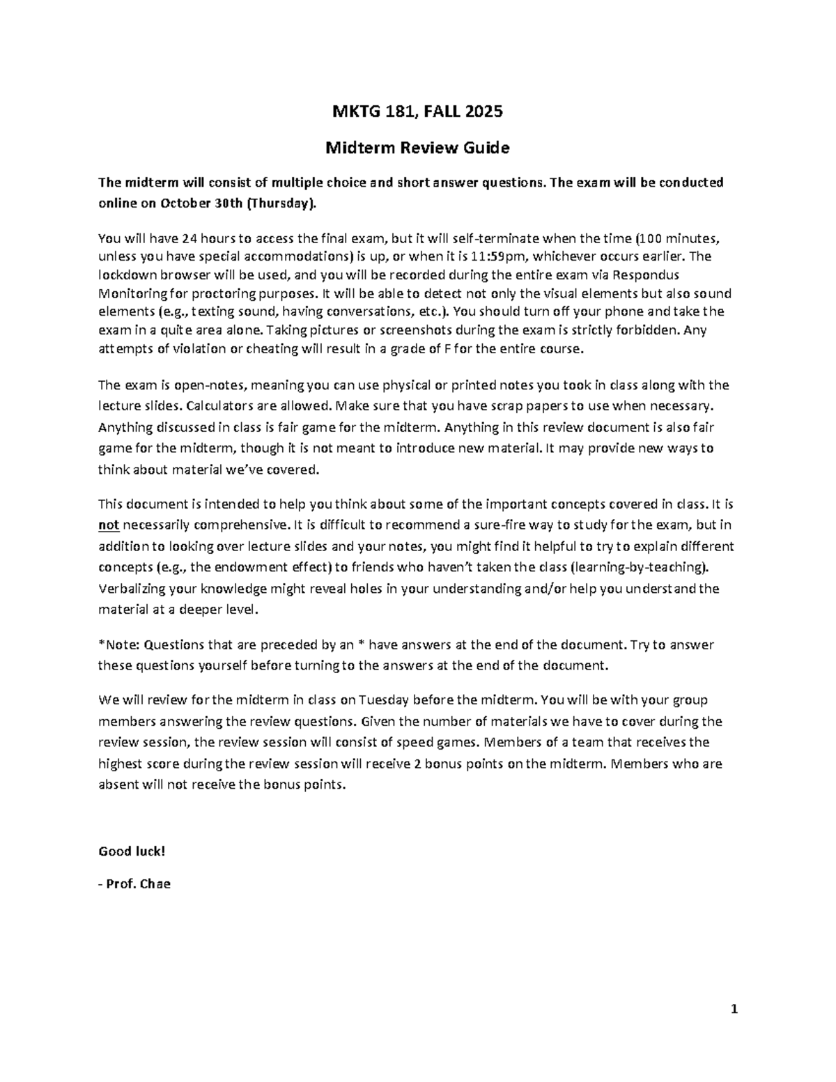 MKTG 181 Midterm Review Guide - Fall 2025 - Studocu