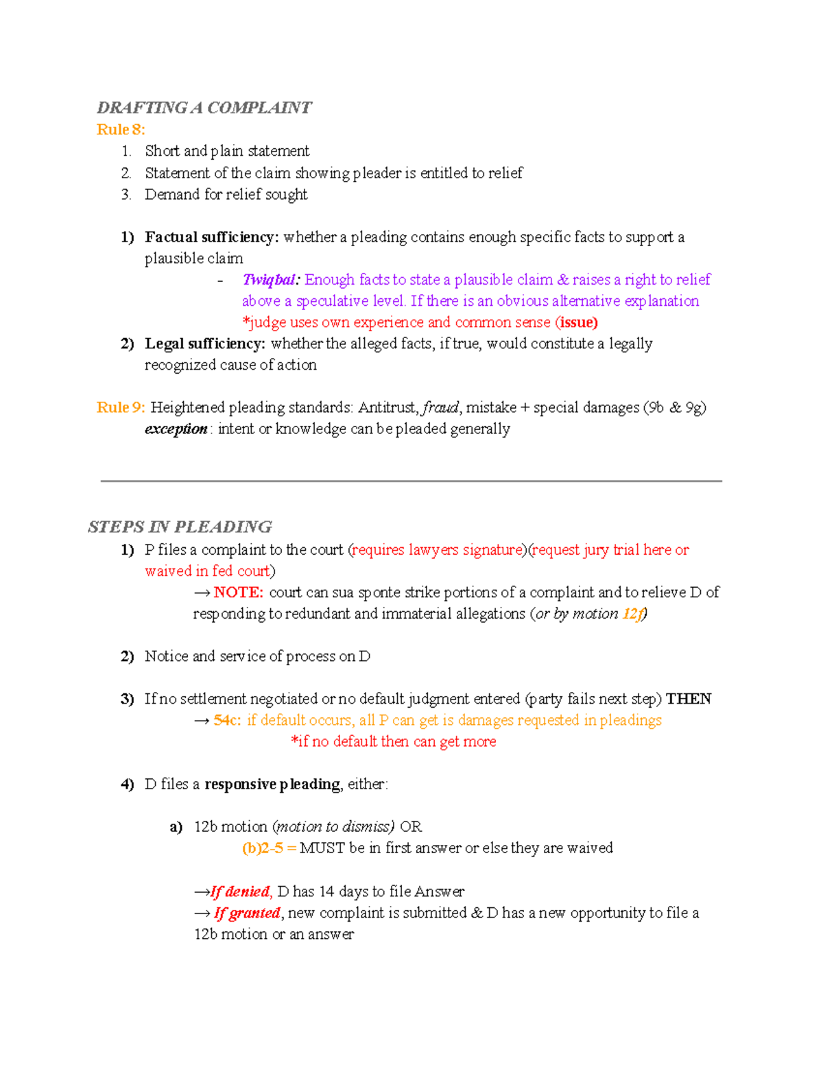 Steps IN Pleading - DRAFTING A COMPLAINT Rule 8: 1. Short and plain statement 2. Statement of ...