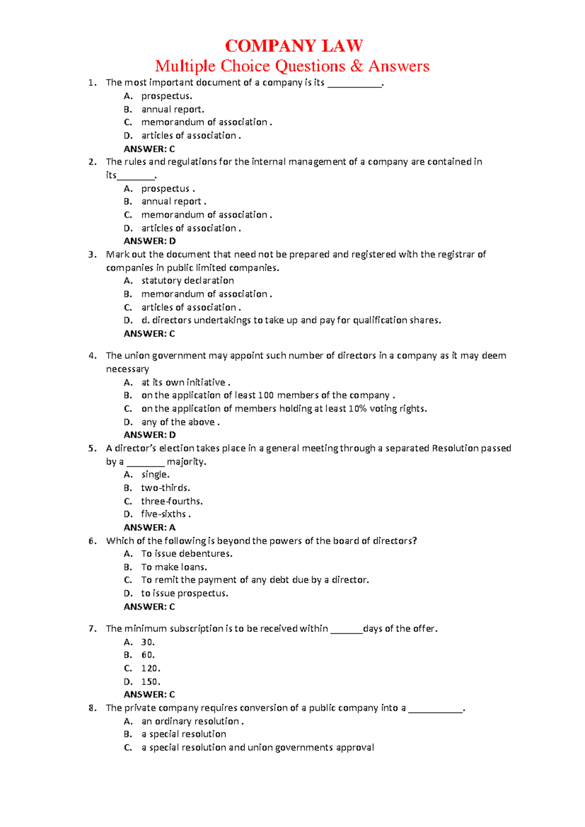 COMPANY LAW - Multiple Choice Questions &amp; Answers - Studocu